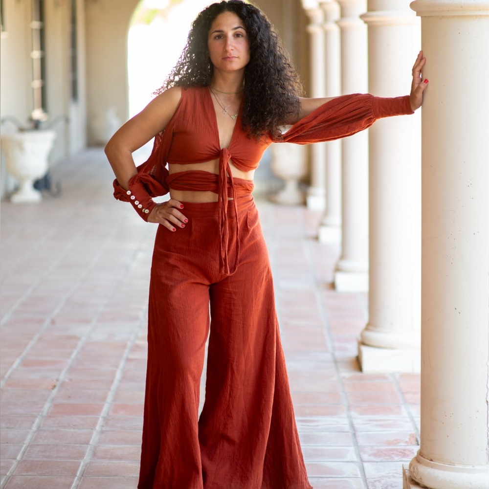 Red Set • Natural Open Shoulders Crop Top • Wrap High-waist Pants •